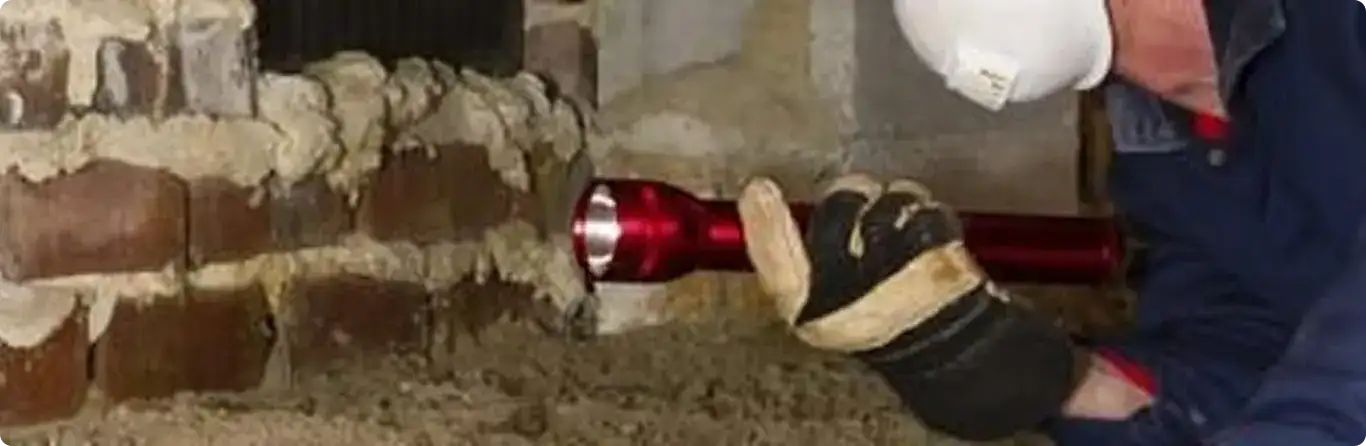 Pest control technician inspecting a crawl space for ant activity in Maumee, OH