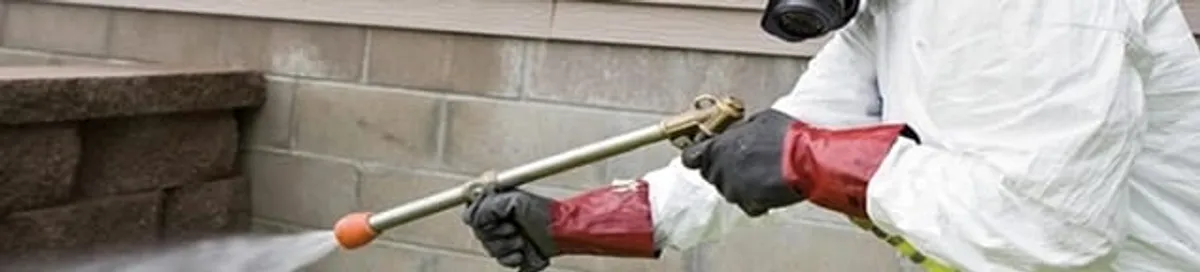 Pest control technician applying exterior insect treatment along a home foundation in Toledo, OH