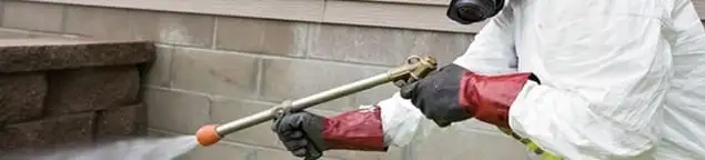 Pest control technician applying exterior insect treatment along a home foundation in Toledo, OH