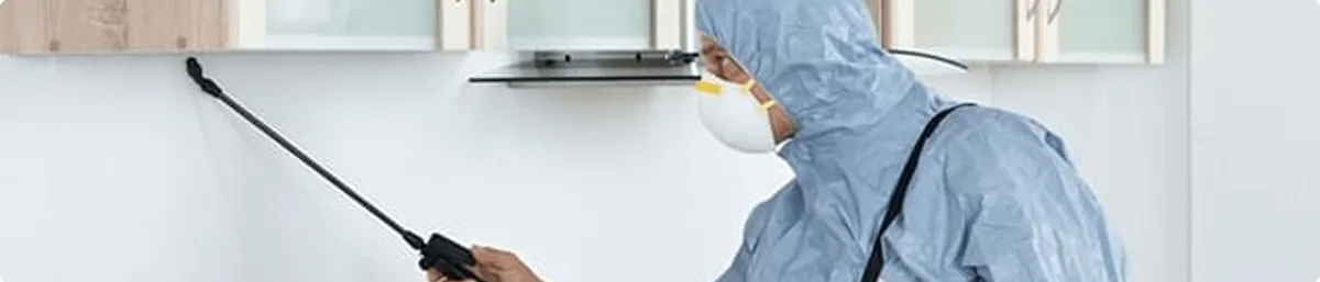 Pest control technician spraying along baseboards for indoor pest treatment in Toledo, OH